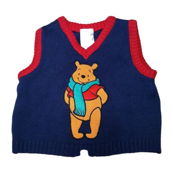 Vintage Disney Store Winnie the Pooh Sweater Vest Infant Boys 18M Blue Red Knit - Picture 1 of 5